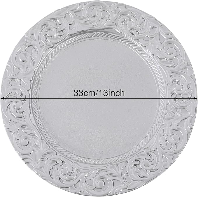 50 Pcs Antique Charger Plates Bulk 13" Round Floral Chargers for Dinner Plates, Silver Charger Plates for Wedding, Party, Elegant Tabletop Decor (Silver)