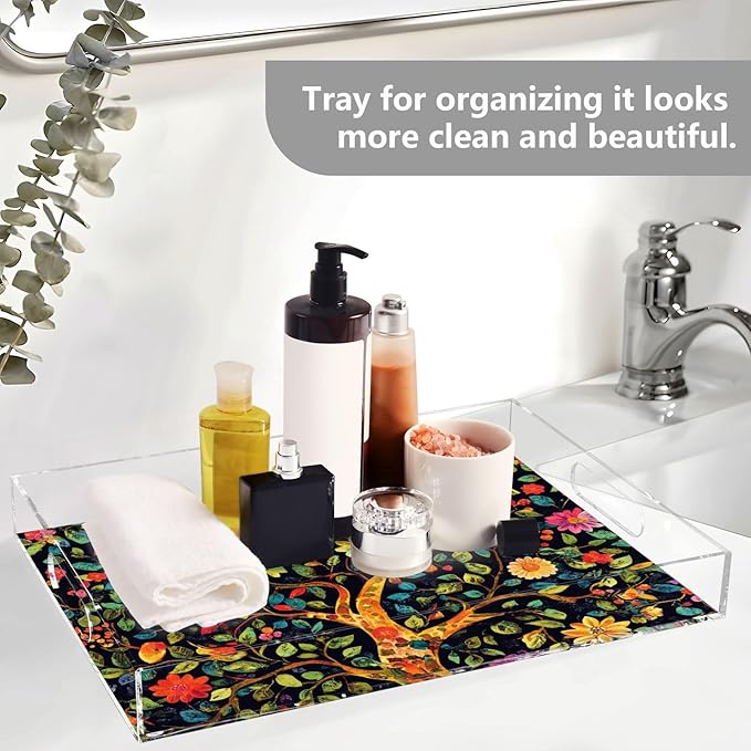 Serving Tray with Handles Clear Acrylic Tray 12x16 Inch Decorative Rectangular Tray Organizer for Ottoman Coffee Table Bathroom Tree of Life Floral Leaves Black