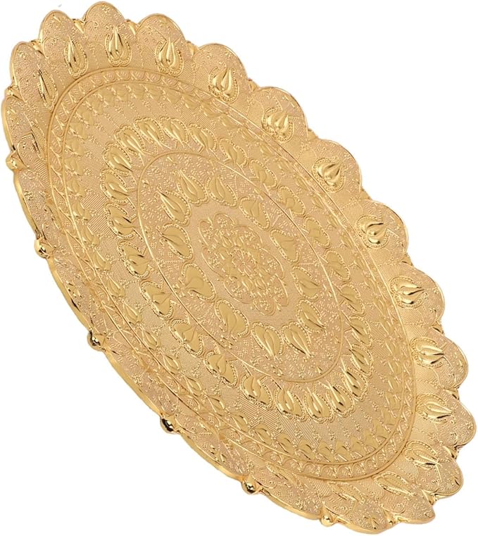 Vintage Tea Coffee Serving Tray Round Metal Beverage Tray with Embossed Pattern for Coffee Tea Desserts Jewelry Gifts 13.8in (Gold)