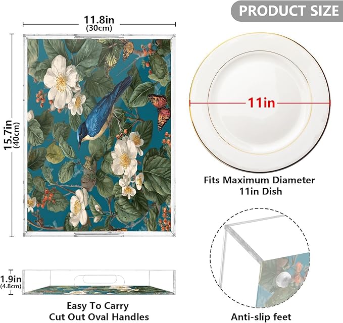 Serving Tray with Handles Clear Acrylic Tray 12x16 Inch Decorative Rectangular Tray Organizer for Ottoman Coffee Table Bathroom Vintage Blue Bird Flowers Butterflies