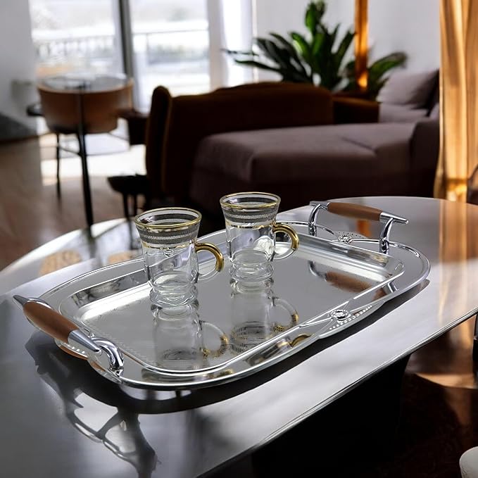 14.2 inch x 10.2 inch Floral Shape Antique Decorative Style Chrome Plated Silver Serving Tray with Handles Floral Engraved Edge Buffet Party Decor Platter Plate Dish FST-049