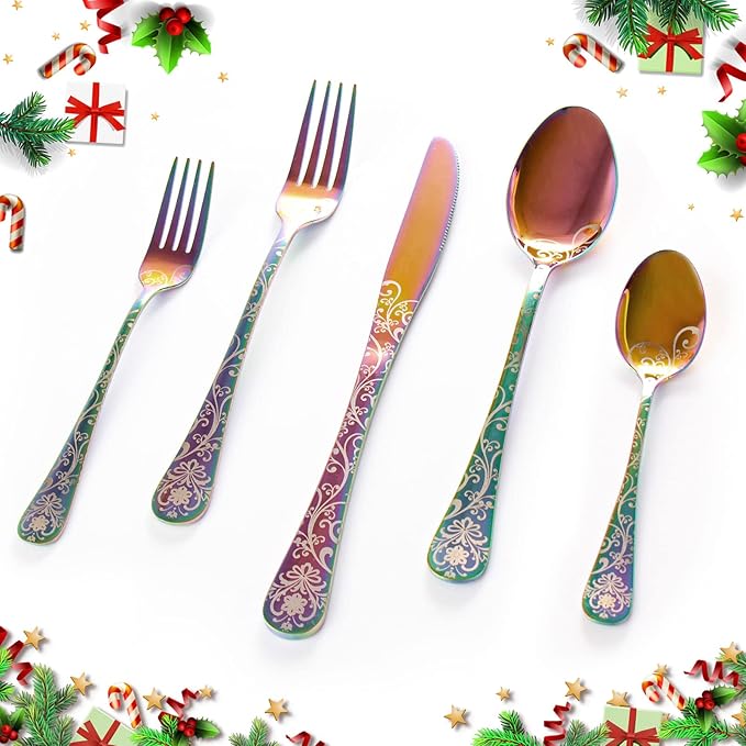 20 Pieces Stainless Steel Flatware Set for 4 People Knives Forks Spoons Set, Vintage Pattern Design, Mirror Polish and Dishwasher Safe (05-COLORFUL-SET 20)