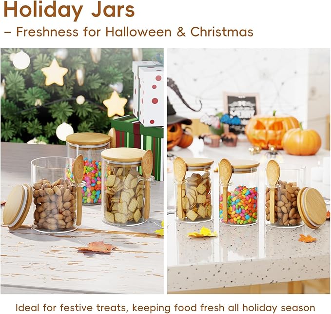 Coffee Sugar Container Salts Jars - 15oz Glass Airtight Caning with Bamboo Lids and Spoons Scoop, Storage Overnight Oats, Spice, Creamer, Food Organizer, Set of 3