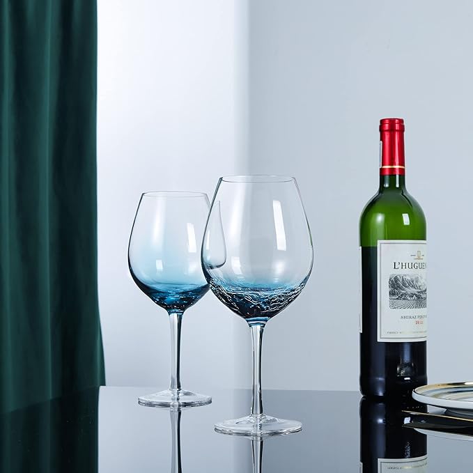 Joeyan Handmade Blue Crackle Wine Glasses,Large Crystal Burgundy Wine Glass Cup with Stem,Red White Wine Goblet Tumbler,Aesthetics Glassware Collection,Set of 2,21 oz