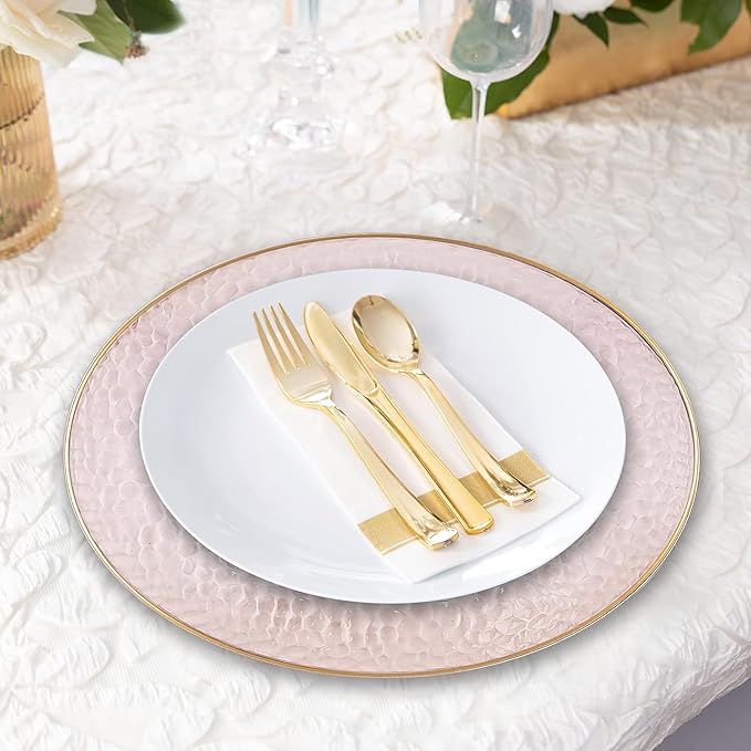 PARTY BARGAINS 13-Inch Charger Plates - 4 Pack, Hammered Pink Gold Rim, Heavy-Duty Disposable Chargers for Elegant Dining - Ideal for Weddings and Formal Events
