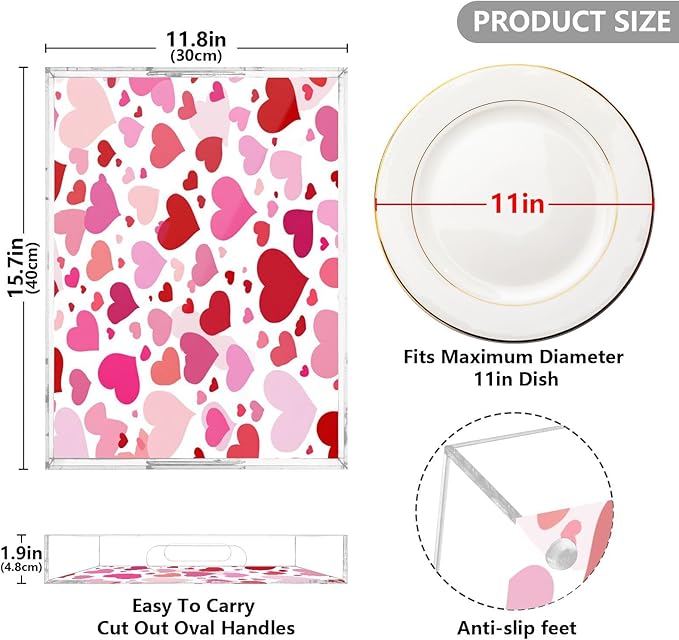 Serving Tray with Handles Clear Acrylic Tray 12x16 Inch Decorative Rectangular Tray Organizer for Ottoman Coffee Table Bathroom White Pink Love Valentine