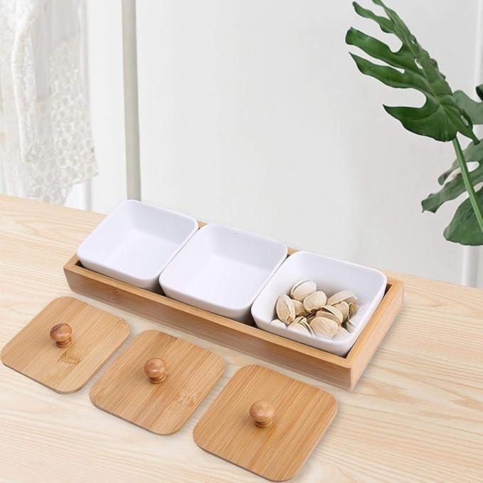 Ceramic Divided Serving Dishes, Serving Tray and Platter Ceramic Condiments Tray with Lids 3 Removable Appetizer Serving Bowls for Chips and Dip Condiment Fruit Veggies Nut Candy and Snacks