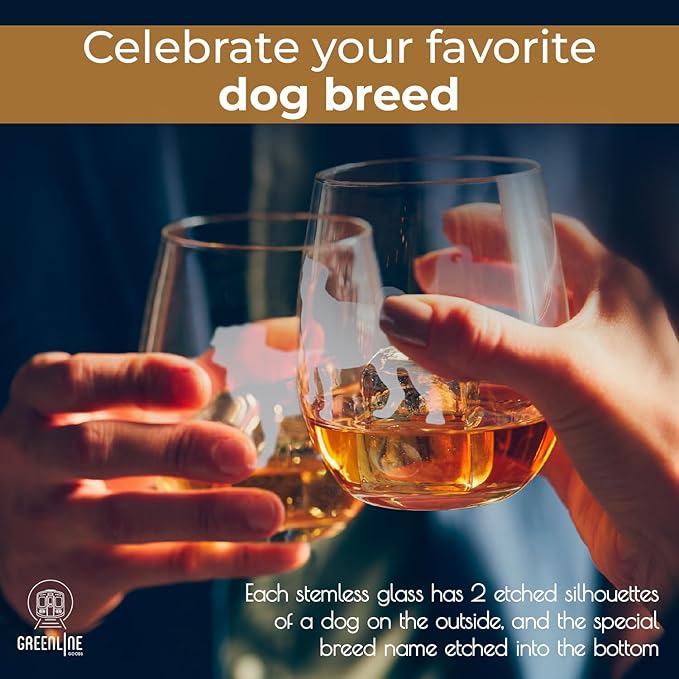 Greenline Goods Pug Stemless Wine Glasses (Set of 2) - Unique Gift for Dog Lovers - Hand Etched with Breed Name on Bottom