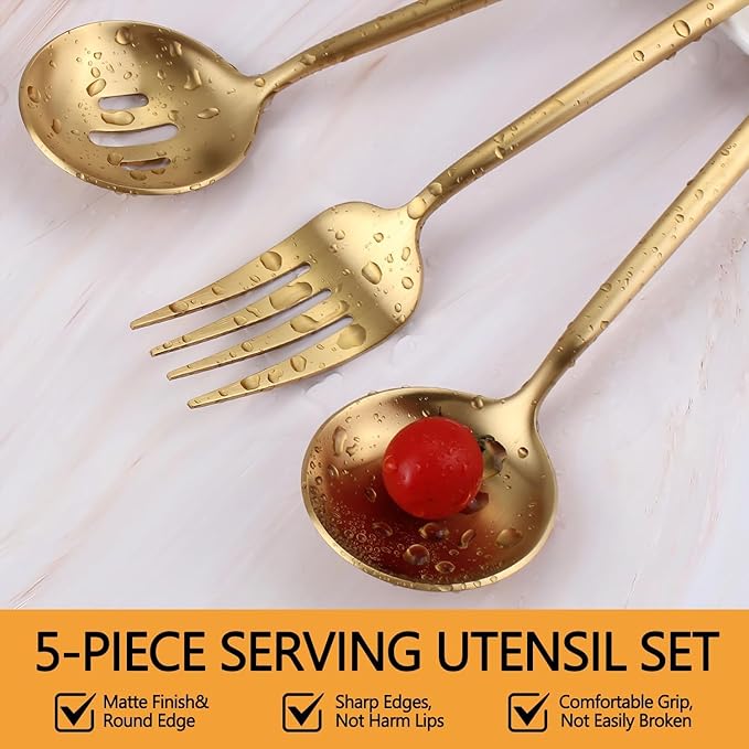 Gold Stainless Steel Serving Utensils Set, 5 Pcs - 10.8 Inch Serving Fork, 10.3 Inch Slotted Spoon, Sugar Spoon, Butter Knife for Buffet