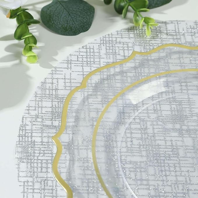 20 Pack 13" Silver Glitter Mesh Placemats - Round Disposable Durable Perfect for Parties and Events