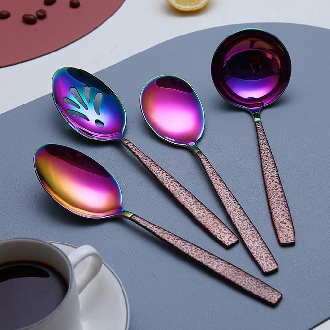 Berglander Silverware Serving Set 10 Pieces With Moon Surface Handle And Shiny Rainbow Mouth Titanium Plating, Stainless Steel Modern Colorful Flatware Serving Set Serving Spoons Serving Utensils