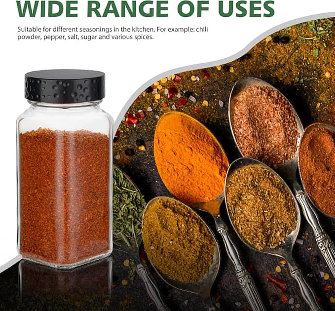 2pcs Black Spice Jars, 4 oz Glass Seasoning Bottles, Spices Container, Empty Spice Jars, Square Spice Bottles with Airtight Plastic Caps with Shaker Lids