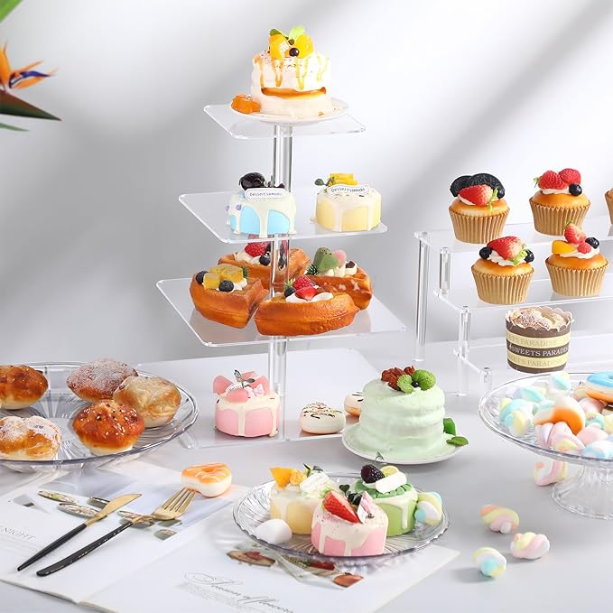 6 Pcs Acrylic Cake Stands Set Include 2 Display Risers 1 Pcs 4 Tier Cupcake Tower and 3 Clear Round Dessert Trays Cake Table Holder for Wedding Baby Shower Decoration(Classic Style)