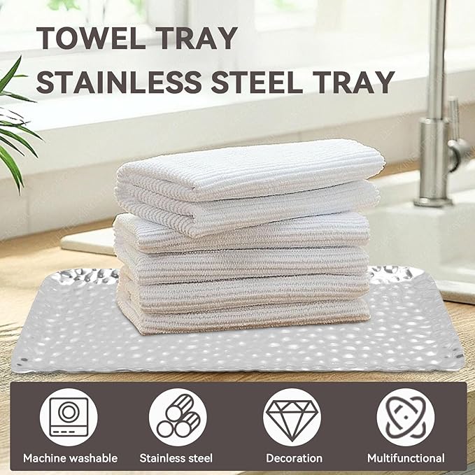 2pcs Bathroom Vanity Tray, Stainless Steel Silver Serving Tray Decorative Hammered Tray Soap Candles Perfume Tray Guest Towel Holder for Home Decor Bathroom Counter Restaurant, 3.7x7.7in