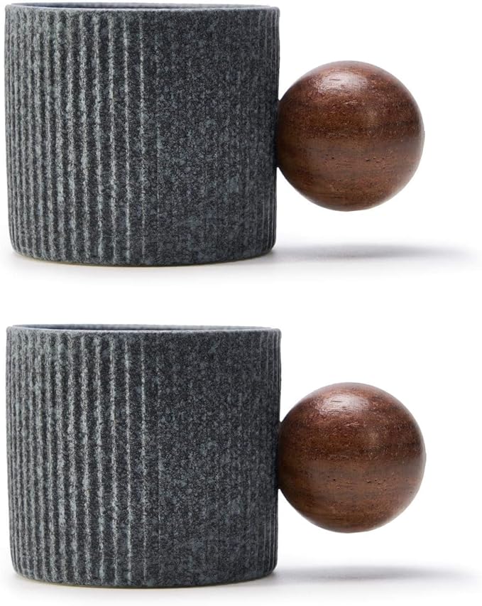 CLASGLAZ Ceramic Mini Espresso Cups Demitasse Cups with Round Wooden Handle Vertical Stripes Tea Cups (gray, 2pcs)