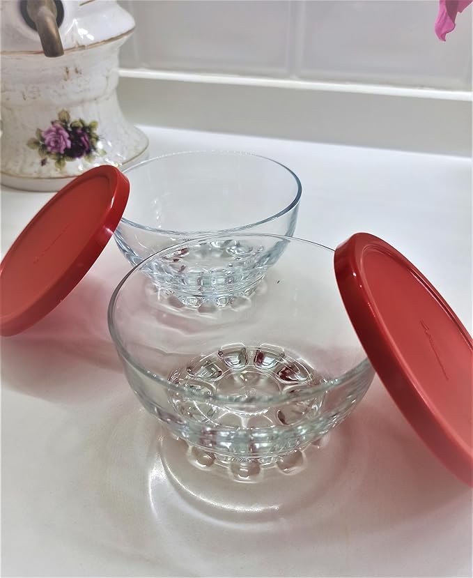 BOHEM'S Clear Glass Bowls Set for Kitchen, Small Serving Bowls for Dessert, Snack, Cereal, Fruit, Nuts, Ice Cream, Dipping Prep Bowls, 9.5 oz, Set of 4 (Clear with Lids)
