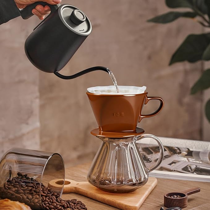 Handmade Pour Over Ceramic Coffee Dripper - Authentic Brewing Experience for Camping, Office, and Home (Coffee Brown)