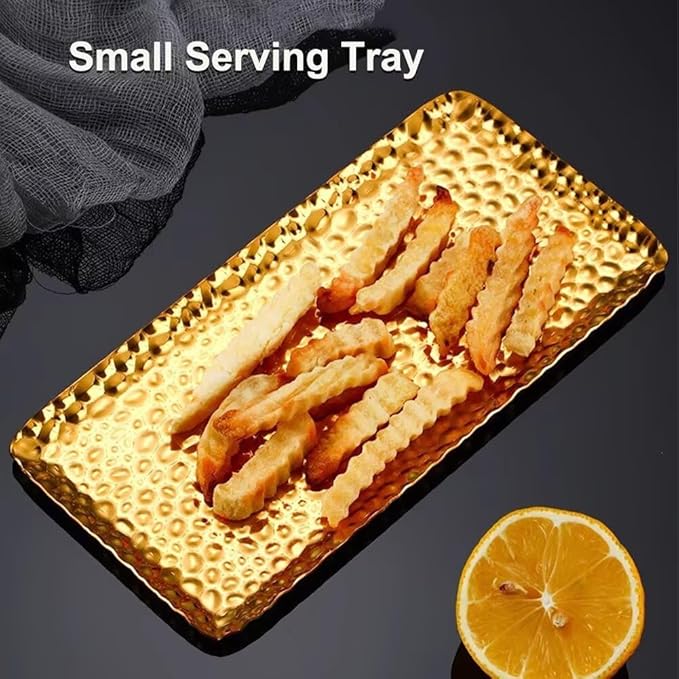 Mini Serving Platter Stainless Steel Serving Tray Hammered Rectangular 7.7 x 3.7 Inch Small Dessert Plates Coffee Table Tray Decorative Plates for Kitchen Party Gold