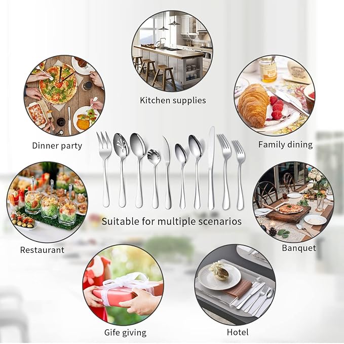 Kyraton Silverware Set 45 Pieces Service for 8, Stainless Steel Flatware Sets Cutlery Set, Spoons and Forks Silverware Dishwasher Safe, First Apartment Must Haves Utensils Set