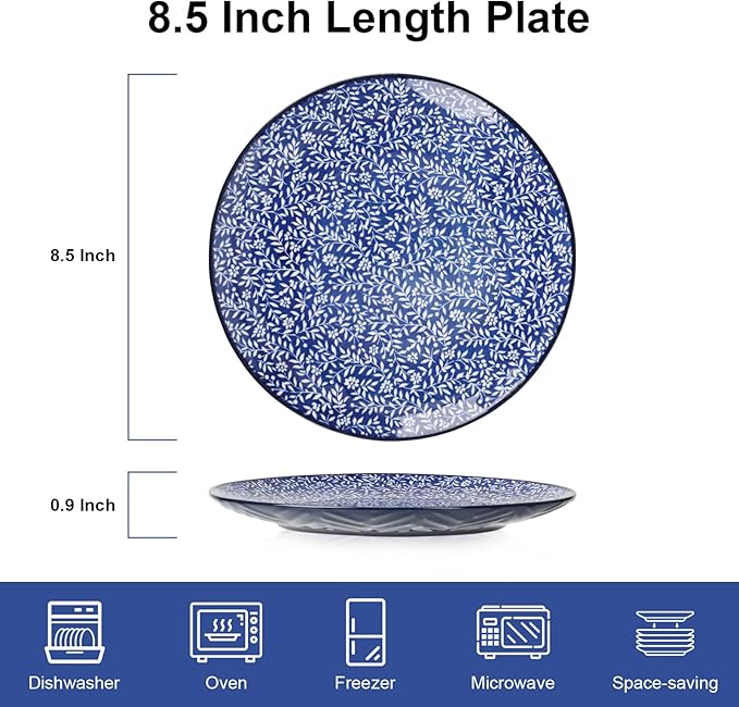KitchenTour Ceramic Dinner Plates, 8.5 Inch Salad Plates Set of 4, Serving Plates for Dessert, Pasta, Steak, Dishwasher and Microwave Safe