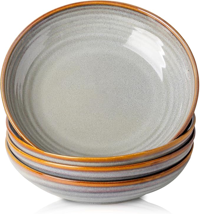 HASENSE Pasta Bowls Set of 4, 32 Ounce Ceramic Serving Bowls for Kitchen, 8.7 Inch Shallow Serving Dishes for Salad, Pasta, Soup, Dishwasher & Microwave Safe, Light Grey