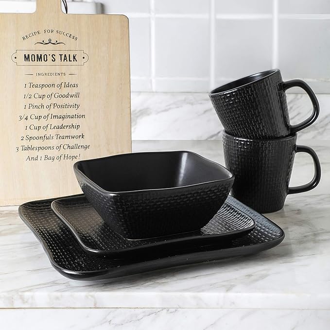 Stone Lain 16 Piece Stoneware Dinnerware set, Square, Weave, Black