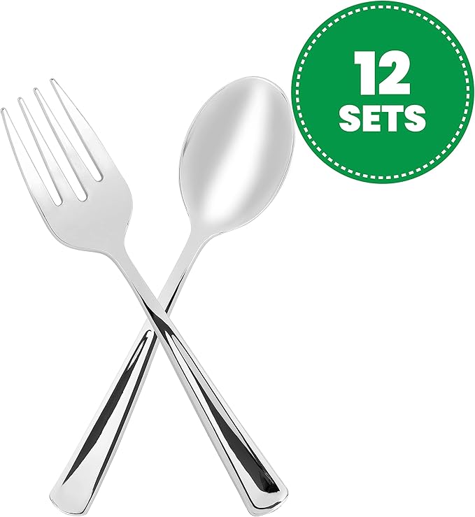 Plasticpro Disposable Plastic Silver Serving Utensils 12 Serving Forks & 12 Serving Spoons Durable Heavy Duty Premium Serving Utensils Silver 12 Sets