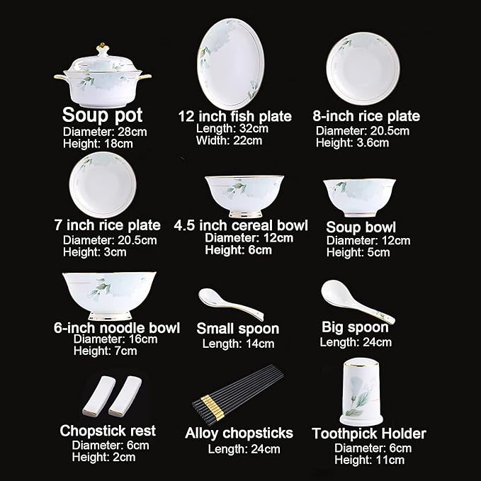 Bone China Dinner Set, Porcelain White Dinnerware Kitchen Dinning Round Tableware Combination Set with Cereal Bowls Dessert Plates and Soup Plates,