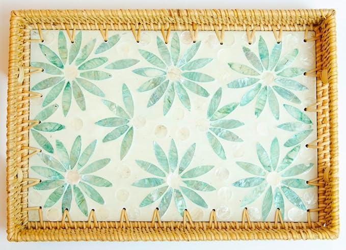 Magenta & Teal Decorative Rectangle Rattan Serving Tray 13x9 inch Mother of Pearl Inlay, Wicker Coffee Table Decor, Farmhouse (Light Blue Flower Pink)