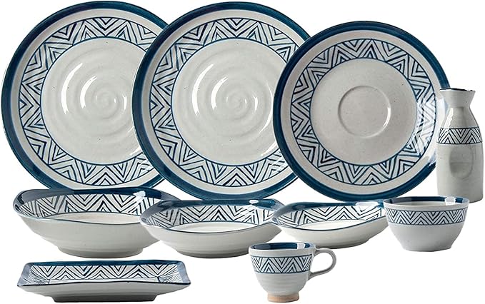 28 Pieces Ceramics Dinner Combination Set | Hand Painted Blue and White Lines Cereals Bowls and Steak Plates Sets
