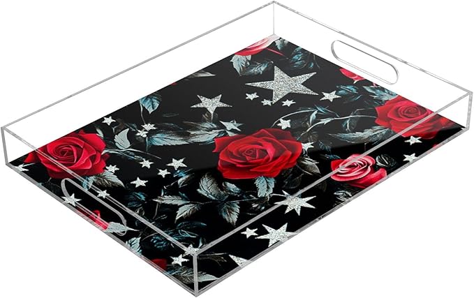 Clear Serving Tray with Handles Silver Stars Red Roses Acrylic Tray for Bed 12 x 16 Spill-Proof decoración