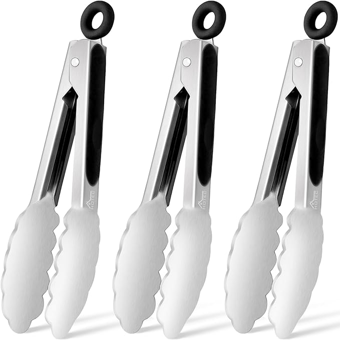 Hotec Mini Stainless Steel Kitchen Tongs for Cooking - 7-Inch Small Serving Tongs Metal Food Tongs Non-Slip Grip