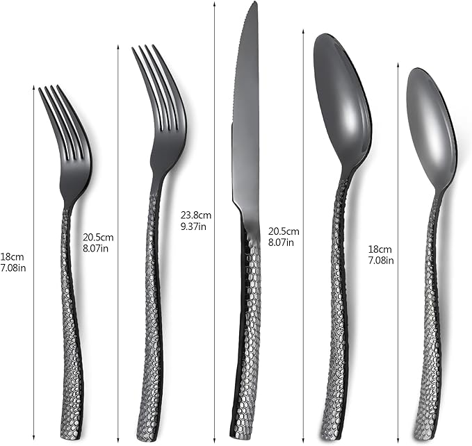 30-Piece Black Silverware Set, Heavy Duty Hammered 18/10 Stainless Steel Flatware, Food-Grade Cutlery, Tableware Including Fork Knife Spoon - Dishwasher Safe
