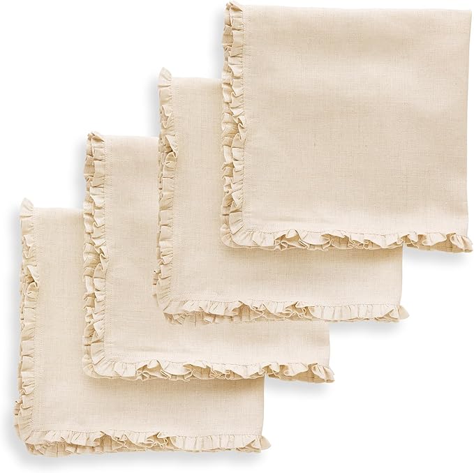 Solino Home Natural Linen Dinner Napkins 20 x 20 Inch - 100% Pure Linen Juliette Ruffle Cloth Napkins Set of 4 - Handcrafted and Machine Washable