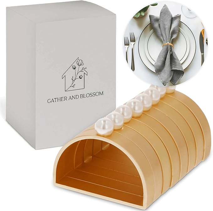 Gold Napkin Rings Set of 8 - Semicircle Napkin Ring Holder in Matte Gold- Pearl Napkin Rings for All Occasions Made of Durable and Sturdy Zinc Alloy