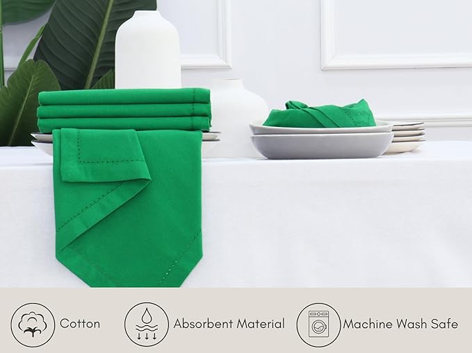 PurpleEssences Set of 12 Hemstitch Cloth Dinner Napkins 100% Cotton - Soft Durable Washable - Ideal for Wedding St Patricks Day - Perfect Everyday Use Table Linen 18x18 - St Patricks Green