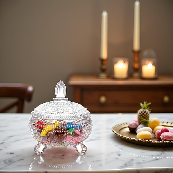 Glass Candy Dish with Lids Crystal Candy Jar Home Decorative Covered Glass Jar Wedding Buffet Jewelry Box 10 oz Cookie Jar Biscuit Containers for Snacks Office Desk Party Coffee Beans (Coastal)