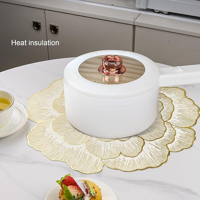 Floral Round Placemats Set of 6 Gold Vinyl Table Mats Heat Resistant Non Slip Place Mats for Dinning Table Setting Christmas Wedding Thanksgiving Party Decoration