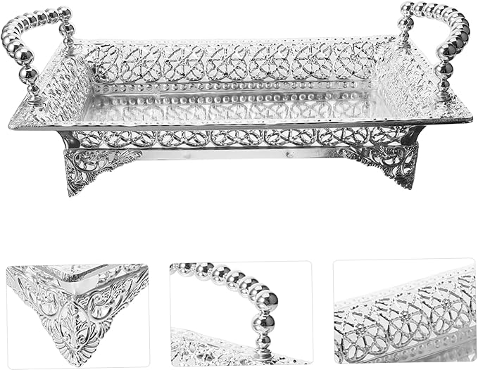 Ciieeo Silver Fruit Tray Handle Tiered Snack Serving Plate Decorative Metal Serving Dish for Bar