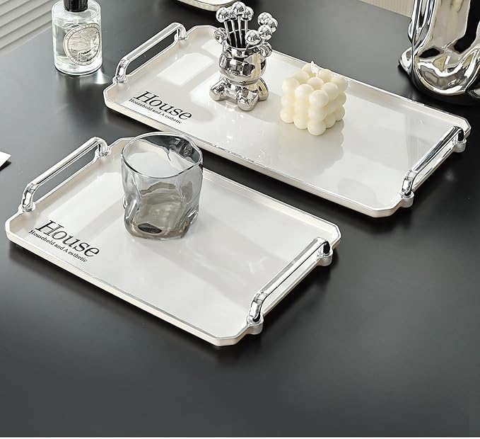 Generic Decorative Tray 2 Packs Large Serving Trays for Coffee Table, Rectangular Coffee Table Tray White Ottoman Tray Living Room Decor Tray with Handles Length 12'' and 16'', HWTP02-US