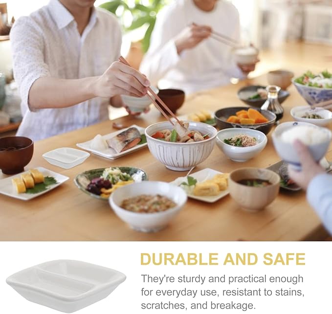 Cabilock 2Pcs 3inch White Ceramic Appetizer Plates, 2-Compartment Serving Platter Tray, Soy Dipping Sauce Dishes, Rectangular Divided Dish for Home Hotel Restaurant Kitchen