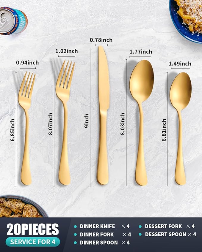 20-Pieces Matte Gold Silverware Set for 4,Stainless Steel Rustic Flatware Set,Modern Cutlery Utensils Set,Spoons and Forks Set for Restaurant,Dishwasher Safe
