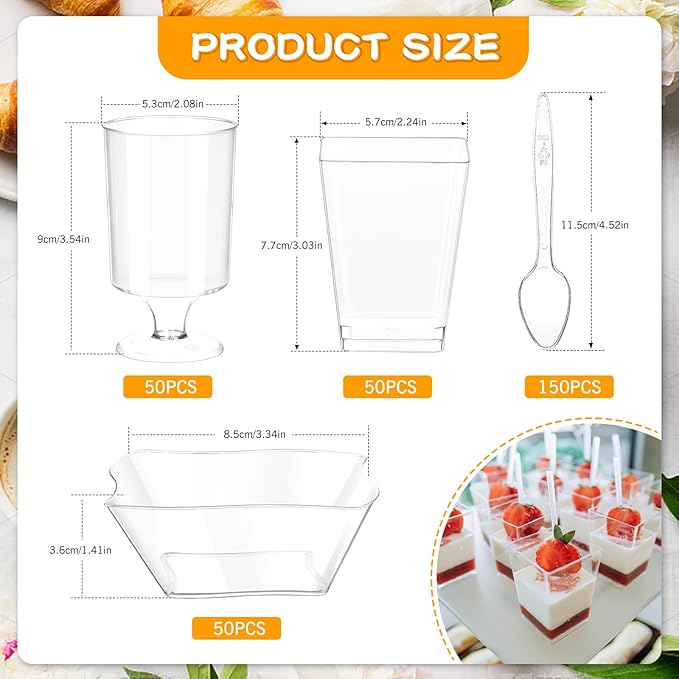 tchrules 300 Packs 5oz Dessert Cups with Spoons, 3 Styles Mini Plastic Appetizer Cups, Clear Parfait Cup for Party, Cake Cups for Tiramisu, Pudding, Snacks, Yogurt, Fruits