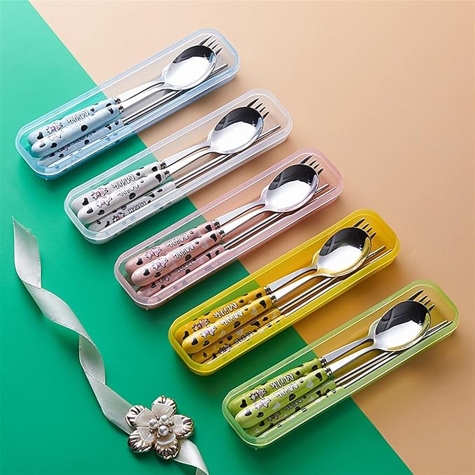 Cute Colorful Silverware Set, Milk Cow Series Ceramic Handle Dinnerware Set Flatware Kitchen Accessories Camping Travel Sets Fork Spoon Chopstick Portable Silverware Set with Case (Color : Y