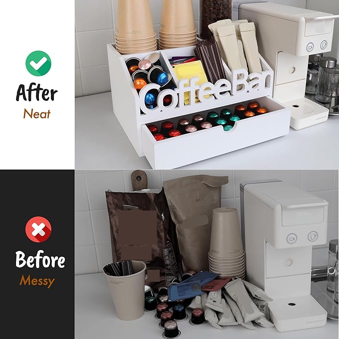 Coffee Bar Organizer for Countertop – Wooden Coffee Station with Black Drawer, Tea and K Cup Storage Rack, Coffee Pod Holder for Home and Office Counter Organization (Drawer - White)