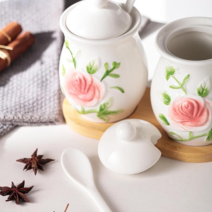 Hand Drawn Relief ceramics Ceramic Sugar Bowl 2 Pack, PorcelainJar with Tray, Spoon and Lid for Sugar, Pepper, Coffee, Spice, Salt, 8 Ounces (Hand Drawn Relief)