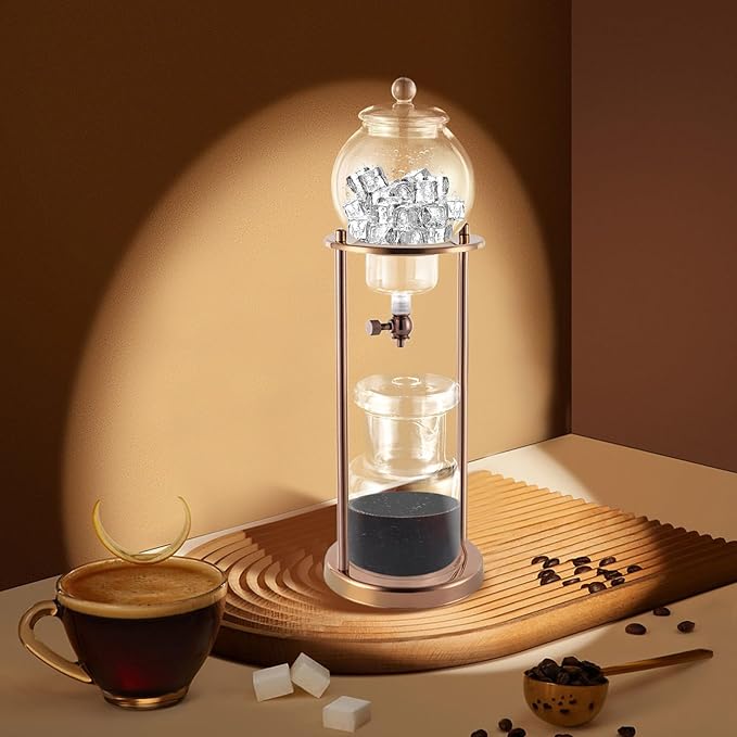 Metal Cold Brew Drip Tower, Ice Cold Drip Tower 600ml Capacity, Iced Coffee Cold Brew Drip Tower, Ice Coffee Maker for Home, Coffee Shops, Offices 6-8 Cups (Gold)