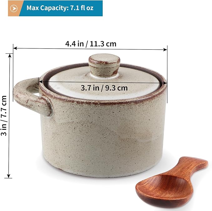 Speckled Ceramic Salt Cellar with Lid and Wooden Spoon, Rustic Spice Jar, Farmhouse Sugar Bowl for Sea Salt, Sugar, Spice and Kitchen Decor (Light Gray)