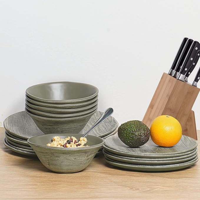 TP 18-Piece Dinnerware Set, Melamine Dishes Set with Bowls and Plates, Service for 6, Non-breakable Lightweight Dining Tableware, Grayish-brown Wood Grain