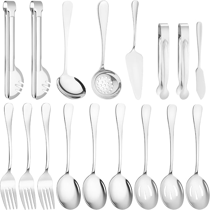 17 Pcs Silver Serving Utensils Set Include Stainless Steel Large Serving Spoons Slotted Spoons Forks Soup Ladle Pie Server - Metal Utensils for Parties Buffet Catering, Dishwasher Safe